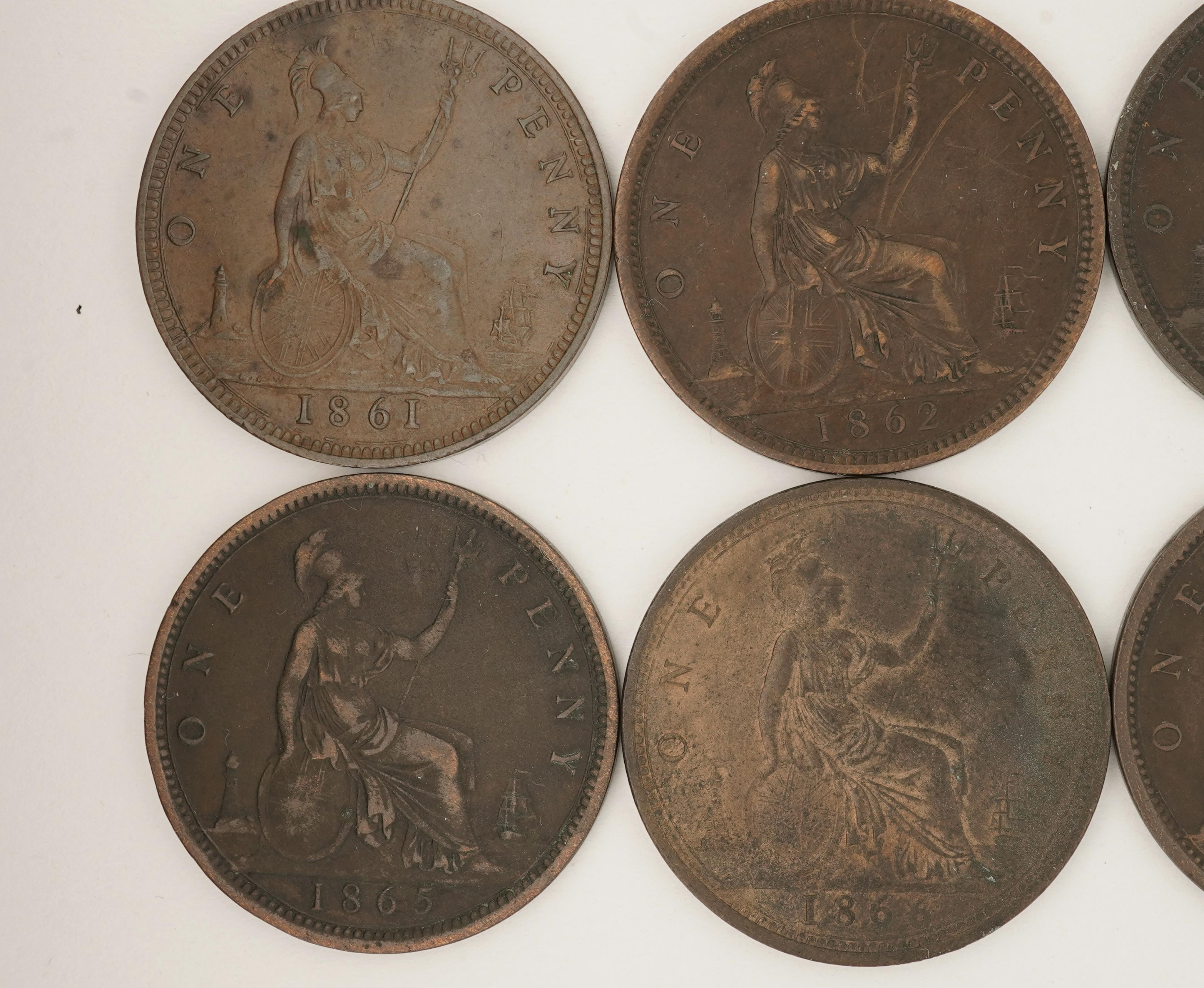 British coins, Victoria, eight bronze pennies;, 1861, Fr. 22, Gouby dies F/d, good VF, dark toned, 1862, Fr. 39, Gouby dies J/g, good VF, dark toned, 1863, Fr. 42, Gouby dies J/g, good fine, dark toned, 1864, slanted tai